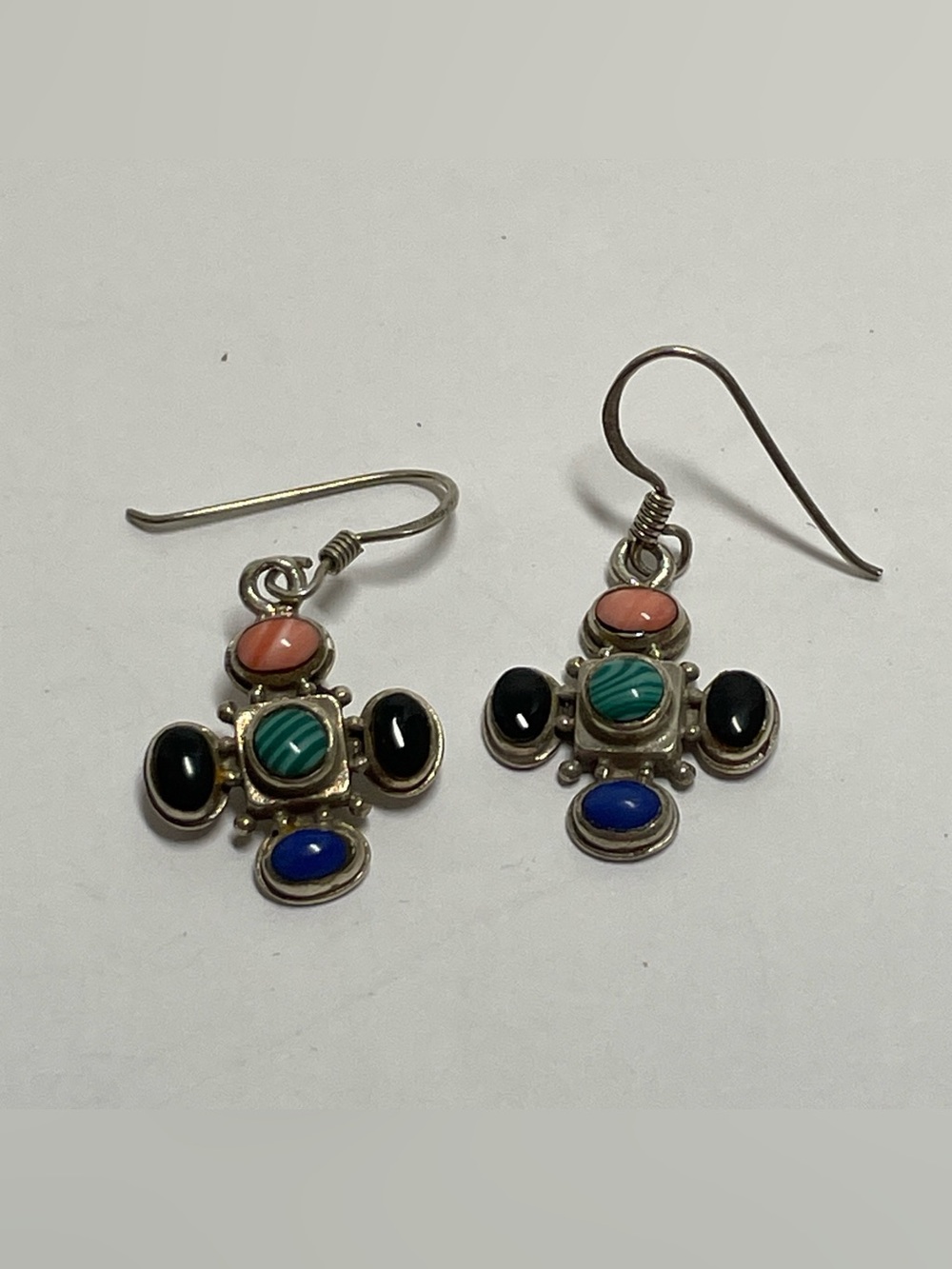 Sterling Silver Southwestern Style Multi Colored Stones Dangle Earrings, 3.95g